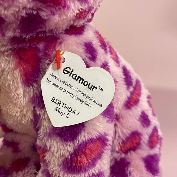 Ty Beanie Boos Glamour Leopard Plush, Pink, Medium 2015 Pink & Purple 9” tall - Picture 9 of 12